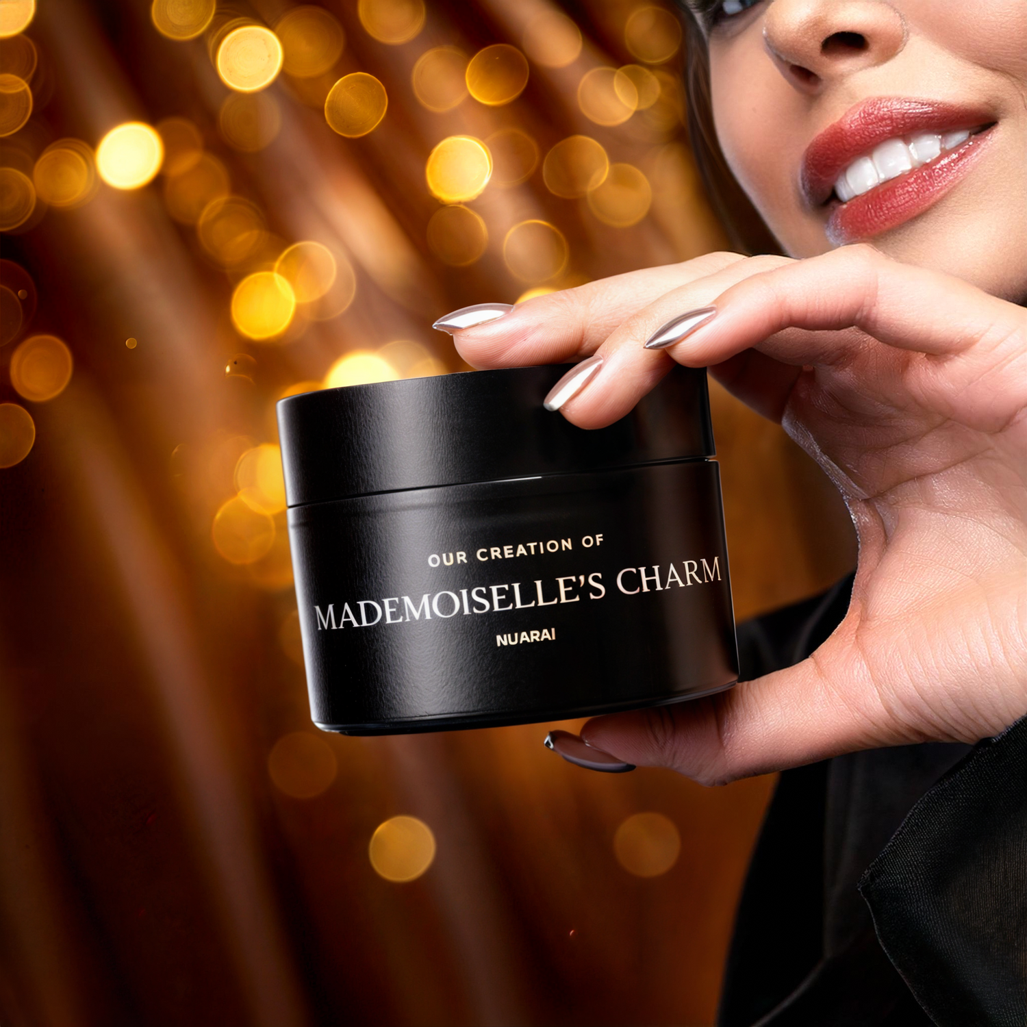 A woman elegantly holding a Nuarai® Mademoiselle’s Charm bakhoor jar against a glowing golden bokeh background, representing luxury, sophistication, and inspiration from Chanel Coco Mademoiselle.